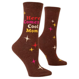 Brown women’s socks with “Here Comes the Cool Mom” text and colorful star accents