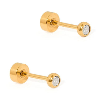 Cooper Micro Clear Gold Screwback Stud Earrings featuring a tiny 2mm bezel-set cubic zirconia in waterproof gold stainless steel with flat-back screw posts.