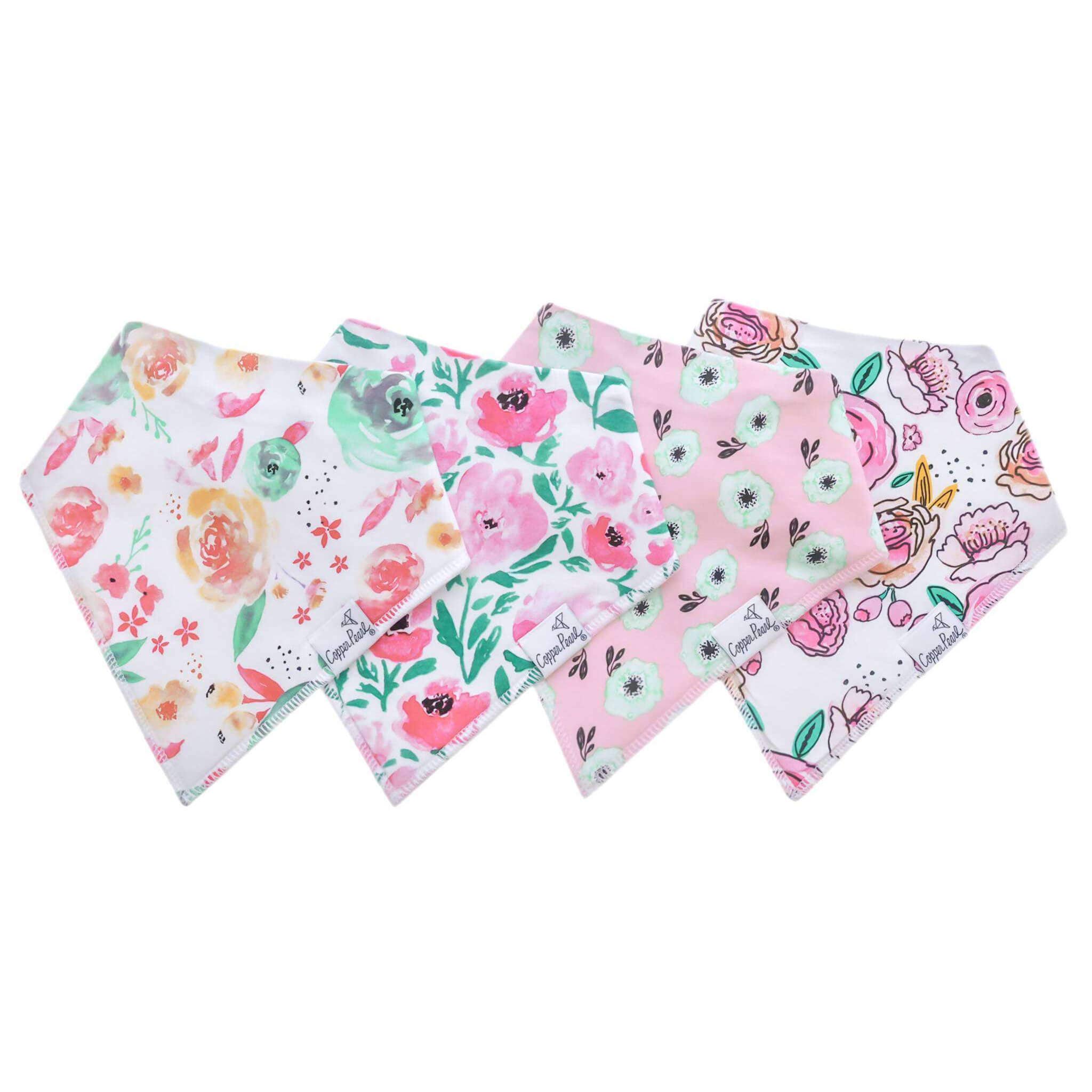 Copper Pearl Bloom 4-pack baby bandana bib set featuring colorful watercolor floral prints with absorbent cotton and soft fleece backing.
