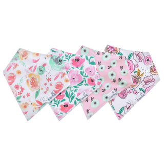 Copper Pearl Bloom 4-pack baby bandana bib set featuring colorful watercolor floral prints with absorbent cotton and soft fleece backing.