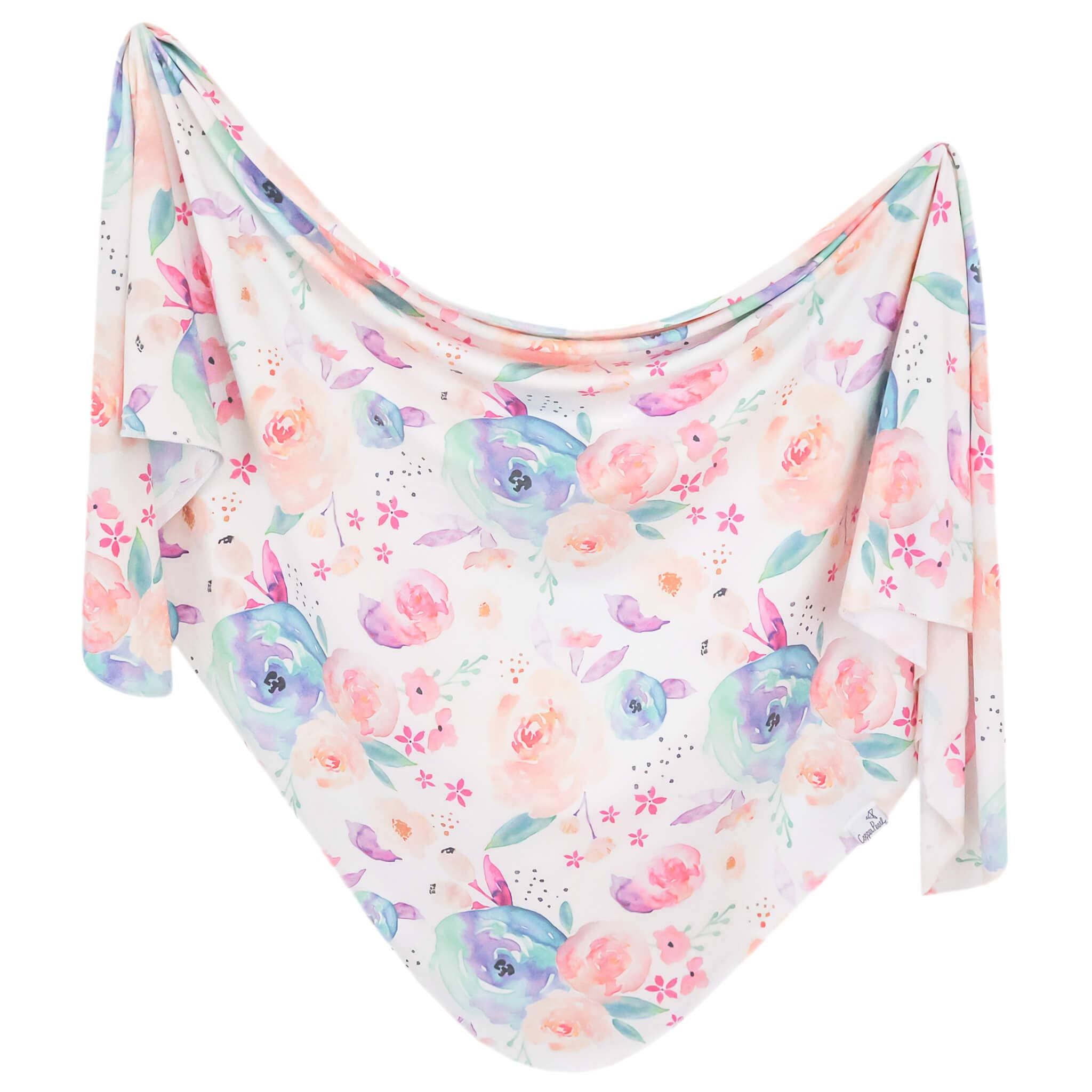 Copper Pearl Bloom knit swaddle blanket featuring a watercolor floral print in soft pink, lavender, mint, and peach tones.