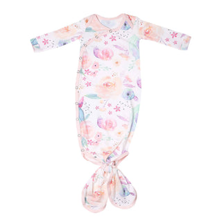 Copper Pearl Bloom newborn knotted sleep gown with soft watercolor floral print, fold-over mitts, and adjustable knotted bottom.