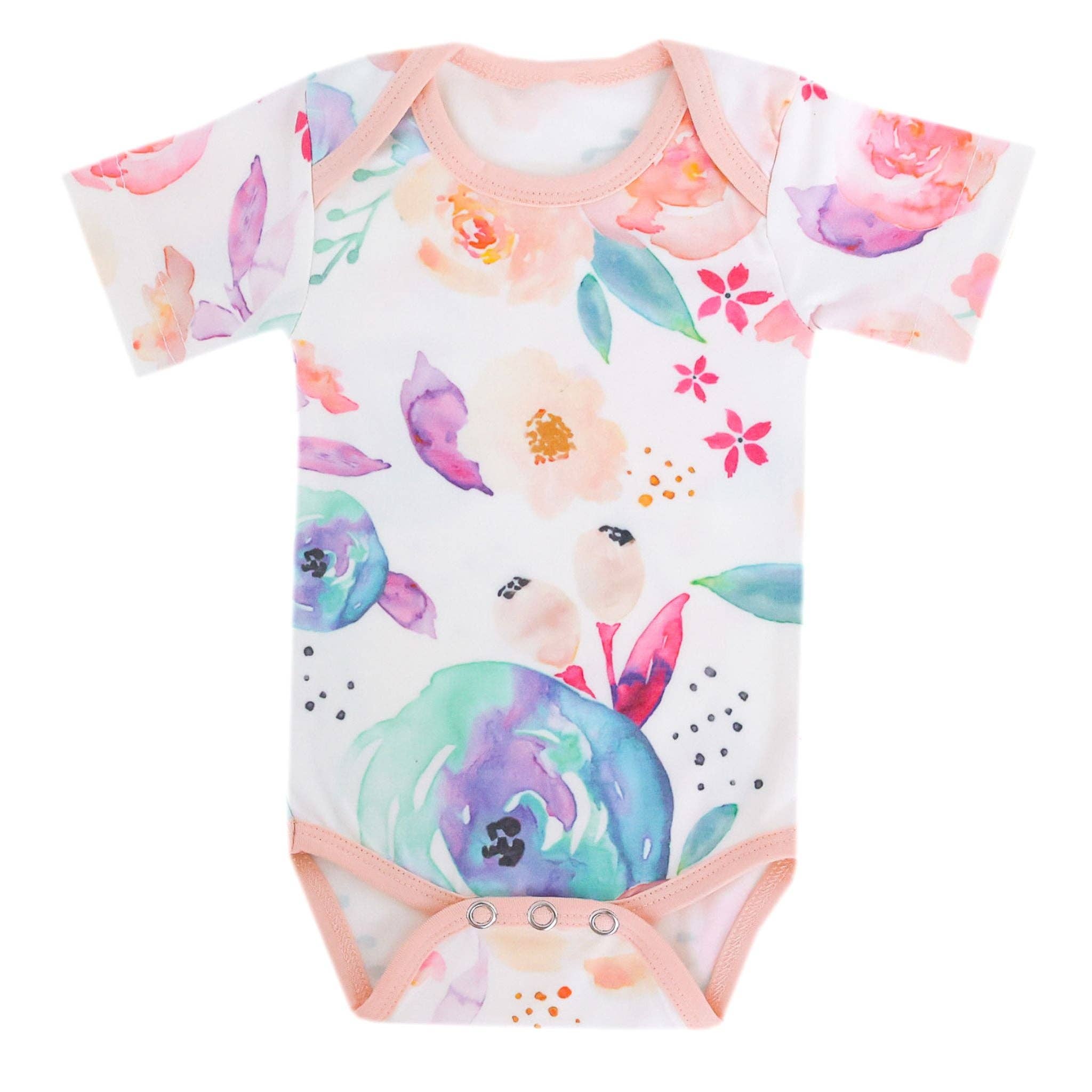 Copper Pearl Bloom short sleeve baby bodysuit featuring a soft watercolor floral print with overlap shoulders and snap closure.