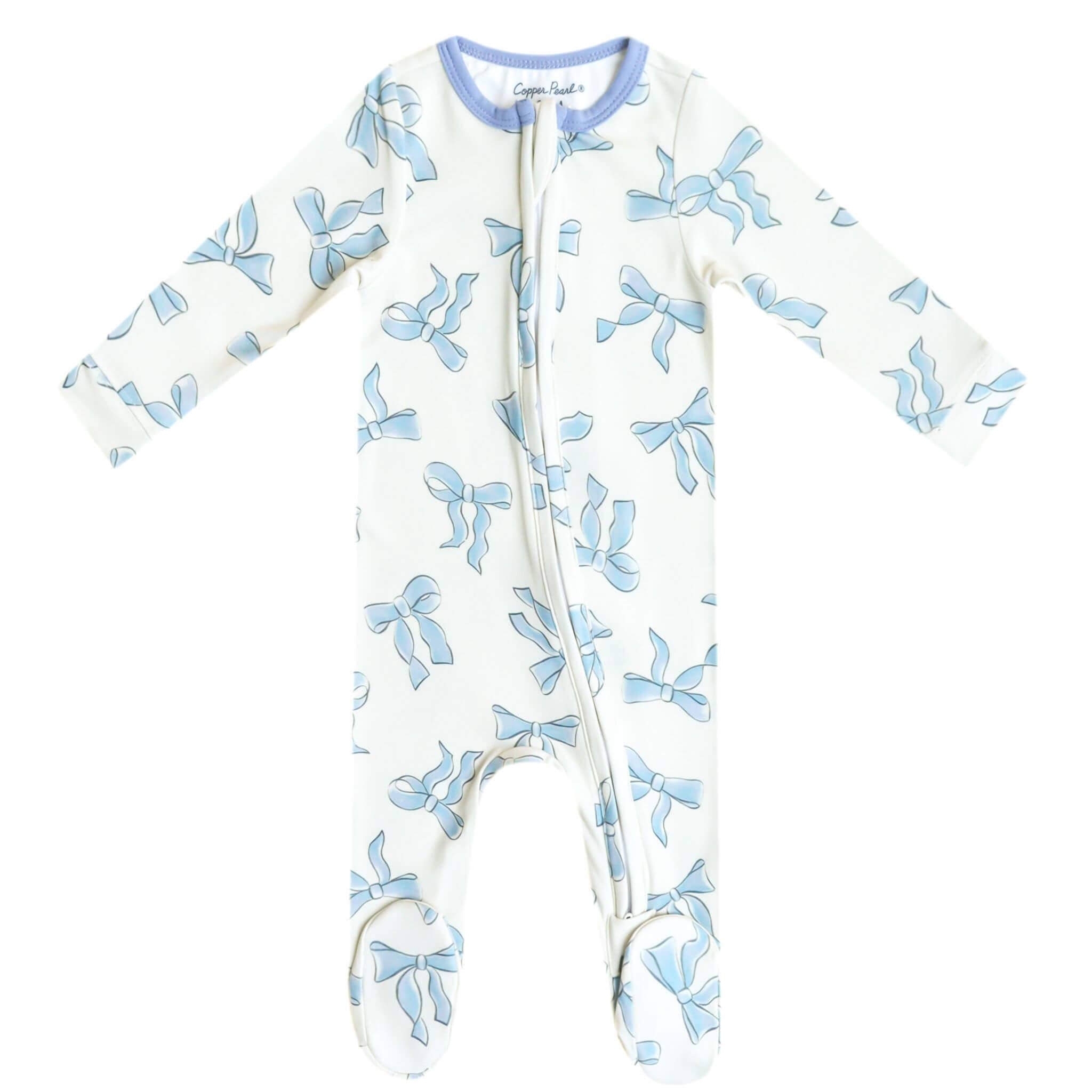 Copper Pearl Daphne zip-up footie pajama featuring a delicate blue bow print, two-way zipper, and soft footed design for babies.