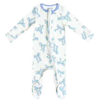 Copper Pearl Daphne zip-up footie pajama featuring a delicate blue bow print, two-way zipper, and soft footed design for babies.