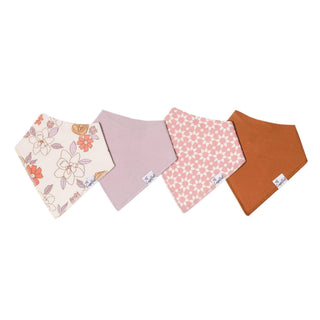 Copper Pearl Ferra 4-pack baby bandana bib set featuring floral and solid blush, lavender, and rust designs with absorbent cotton fronts and soft fleece backing.