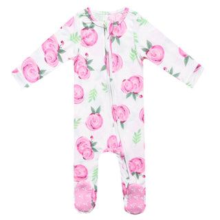 Copper Pearl Grace zip-up footie pajama featuring a pink watercolor floral print, two-way zipper, and soft footed design for babies.