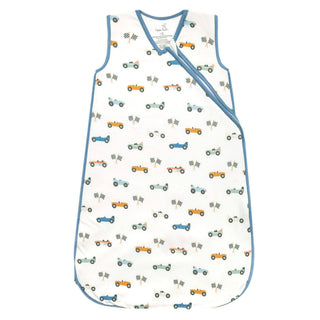 Copper Pearl Speedster knit sleep bag featuring a vintage race car print, wraparound zipper, sleeveless design, and 1.7 TOG wearable blanket for babies.