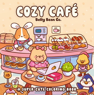 Cozy Café Coloring Book by Belly Bean Co. — 40 charming café and bakery illustrations featuring coffee, pastries, cakes, and cozy scenes, published by Chronicle Books
