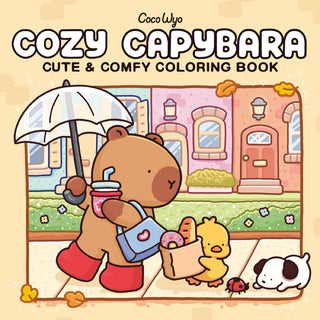 Coloring book cover with a capybara, duck, and dog in a town setting, featuring the brand 'CocoWyo'.