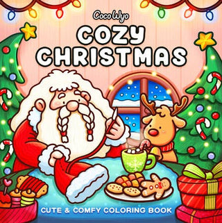 Colorful cover of a 'Cozy Christmas' coloring book from CocoWyo with Santa Claus and reindeer.