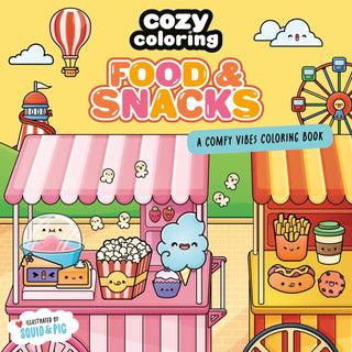 Cozy Coloring: Food & Snacks by Squid&Pig and HarperCollins — a mindful coloring book for kids and preteens featuring cozy food and snack designs with affirming prompts
