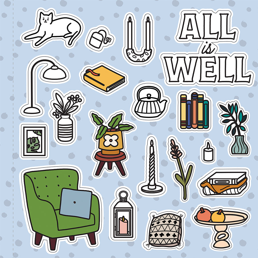 Sicker page from Cozy Coloring Hygge adult coloring book featuring over 50 relaxing coloring pages.