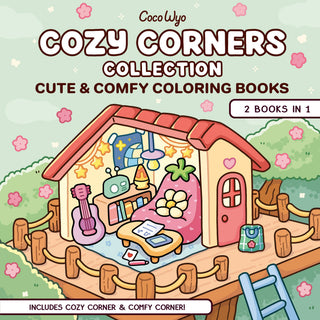 Coloring book cover with a cozy house illustration and text about the Cozy Corners Collection coloring books.