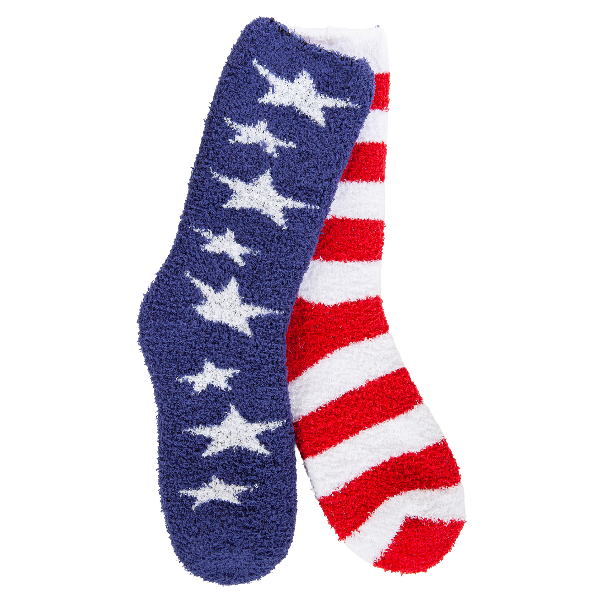 Ultra-soft patriotic crew socks featuring red and white stripes and white stars on a navy background, proudly made in the USA.