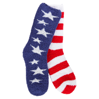 Ultra-soft patriotic crew socks featuring red and white stripes and white stars on a navy background, proudly made in the USA.