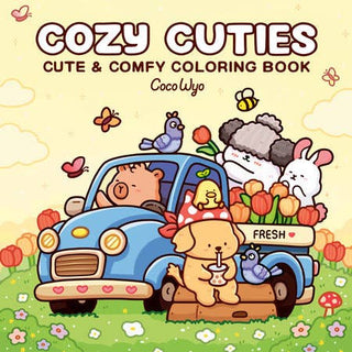 Cozy Cuties Coloring Book by Coco Wyo — cover showing cute animals in a blue flower truck with tulips on a sunny spring day