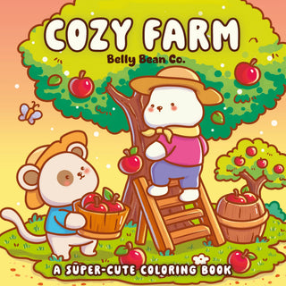 Cozy Farm Coloring Book by Belly Bean Co. — 40 cute farm illustrations featuring animals, fruit picking, and vegetable gardens, published by Chronicle Books
