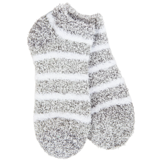 Women's Cozy Low Socks in Heather Grey with ultra-soft plush fabric, white stripes, and a comfortable low-cut design for lounging.