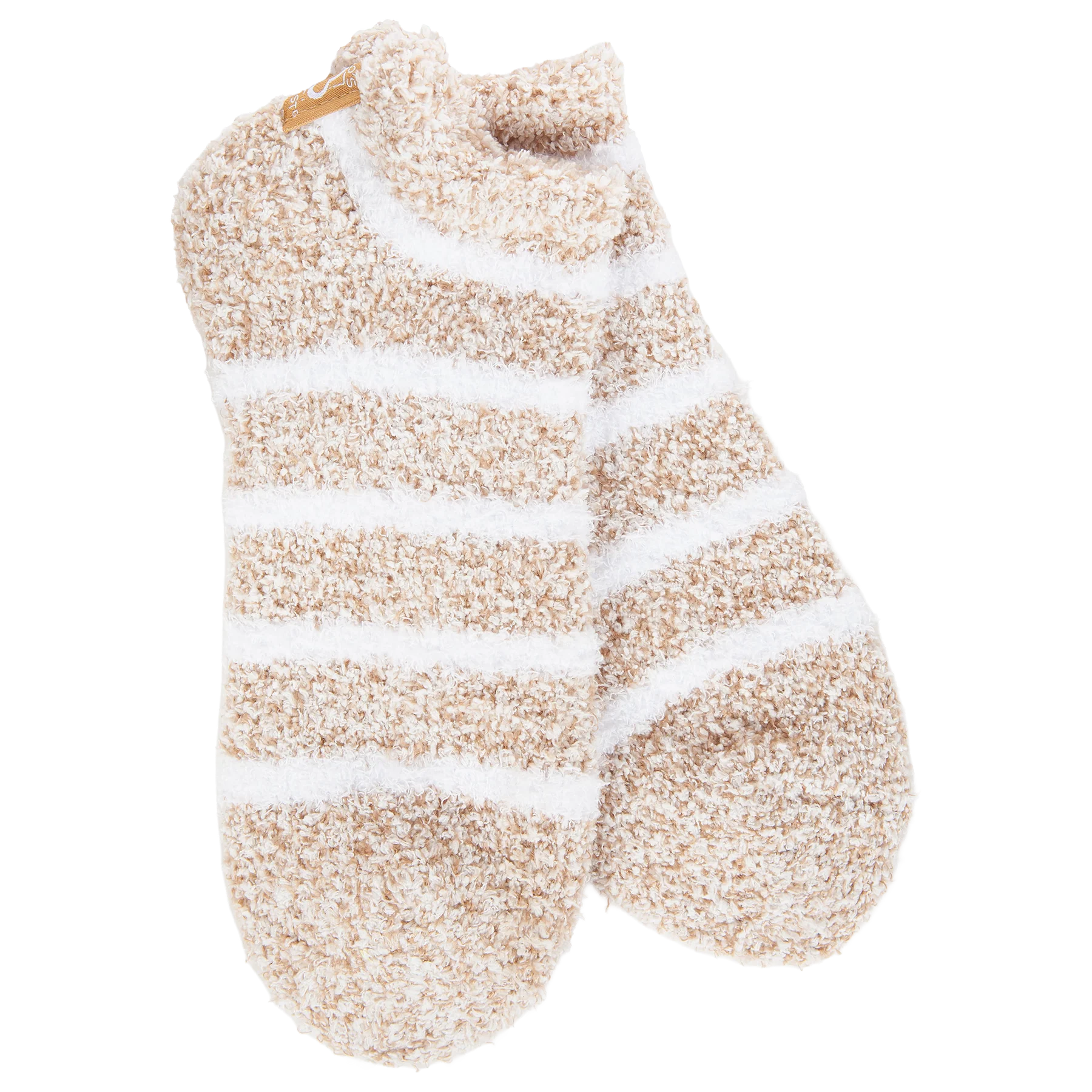 Women's Cozy Low Socks in Heather Oatmeal with ultra-soft plush fabric, white stripes, and a comfortable low-cut design for lounging.