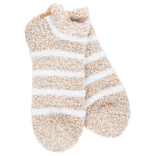Women's Cozy Low Socks in Heather Oatmeal with ultra-soft plush fabric, white stripes, and a comfortable low-cut design for lounging.