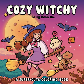 Cozy Witchy Halloween Coloring Book by Belly Bean Co. — 40 charming illustrations of a gentle witch, adorable animals, pumpkins, and cozy fall scenes, published by Chronicle Books

