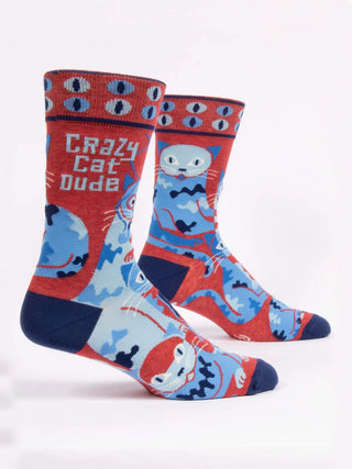 Funny men's crew socks featuring blue cats and the phrase "Crazy Cat Dude" on a red background.