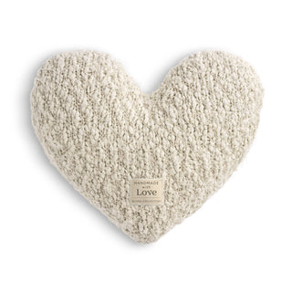 DEMDACO Cream Giving Heart Weighted Pillow — heart-shaped pillow in chunky cream boucléknit yarn with a "Handmade with Love — Giving Collection" woven label, photographed on a white background