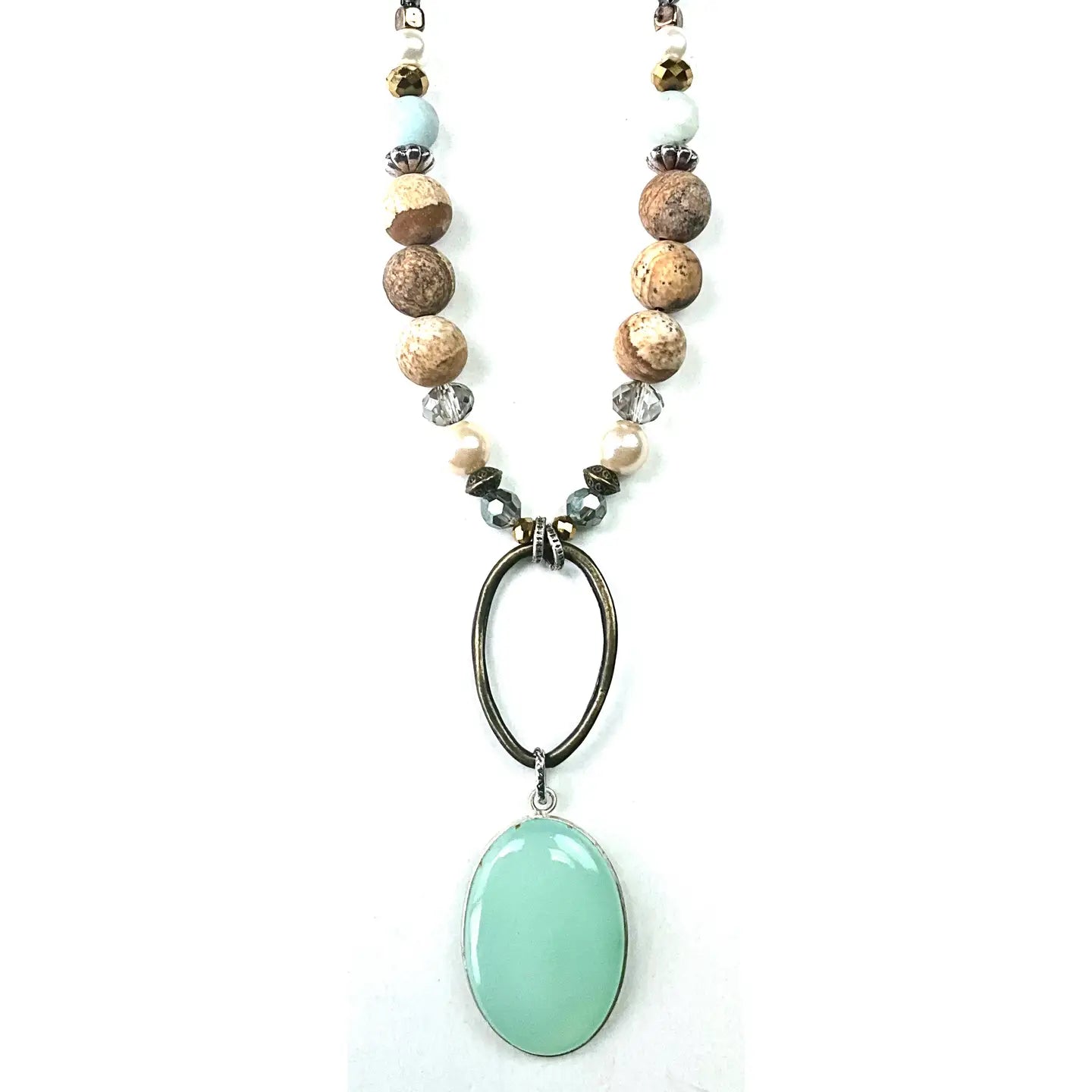 Beaded Chain Necklace w/ Oval & Stone Drop