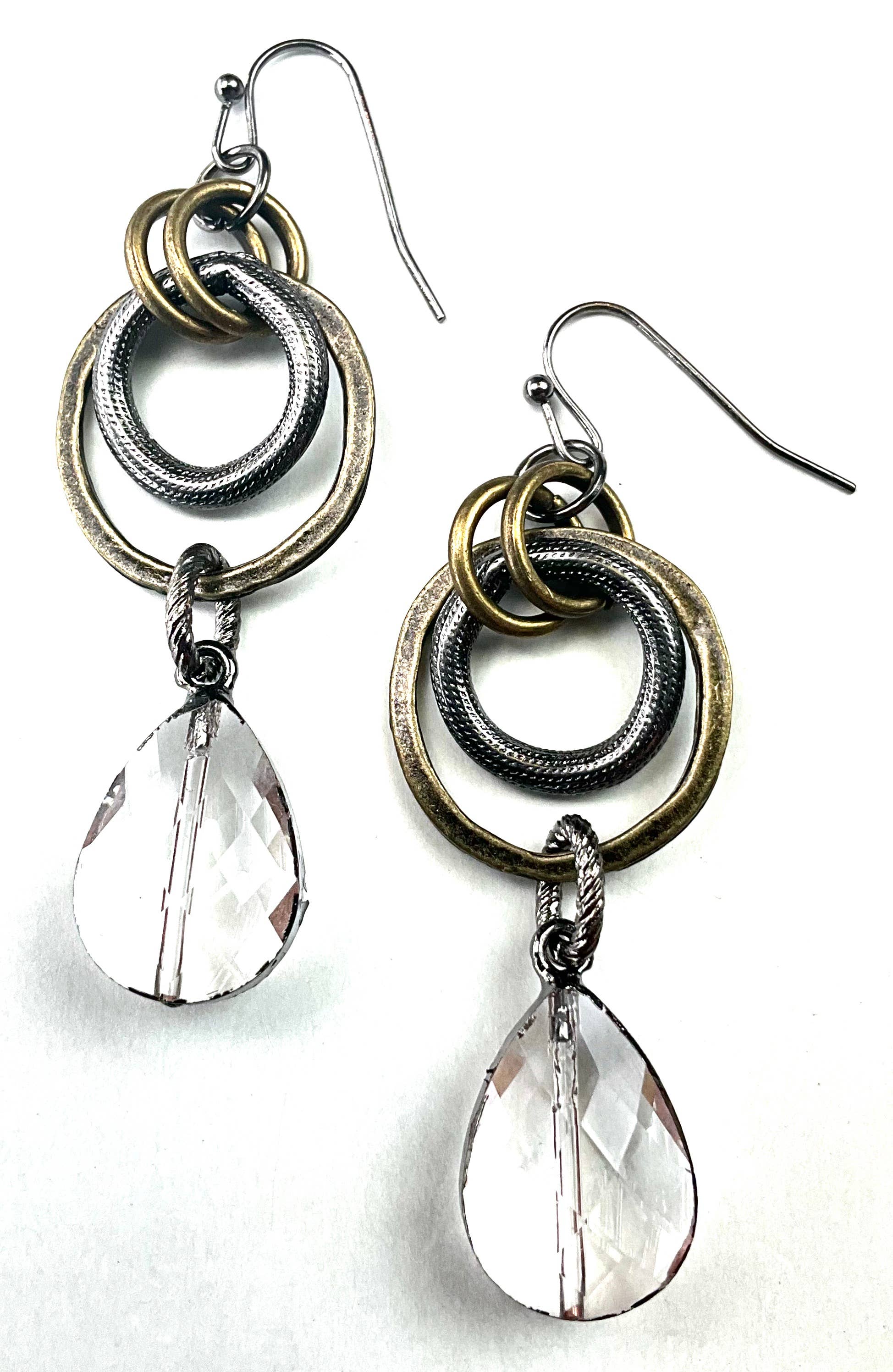 Stacked Rings & Glass Teardrop Dangle Earrings