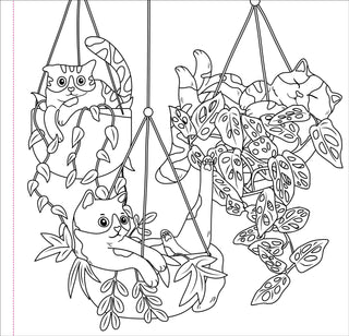 Coloring page with three cats in leafy branches and a swing.
