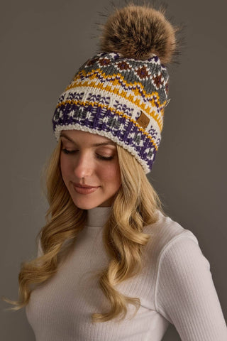 Women's Ivory, Purple & Gold Patterned Pom Beanie
