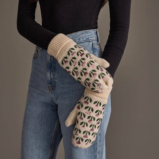 Cream Small Floral Pattern Knit Mittens