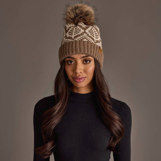 Taupe & Beige Patterned Knit Pom Hat