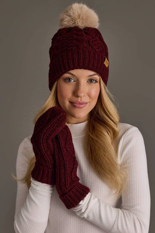 Burgundy Cable Knit Hat with Light Tan Pom