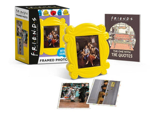 Yellow 'Friends' themed photo frame with packaging and photos on a white background