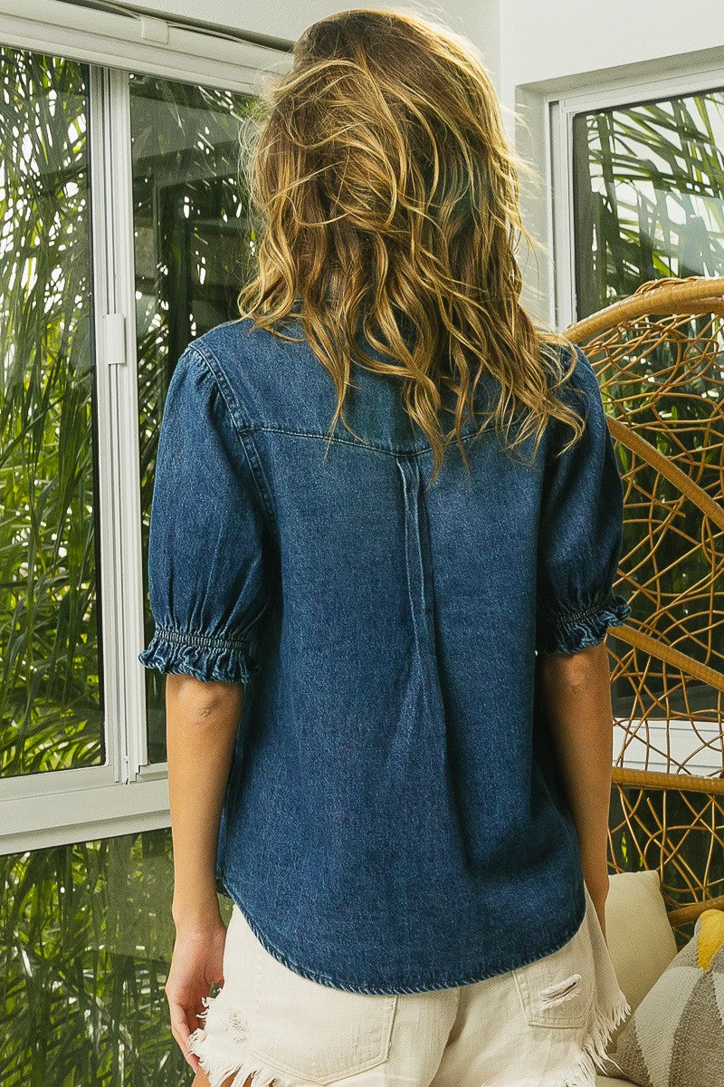 Ruffled Cuff Puff Sleeve Denim Blouse FINAL SALE