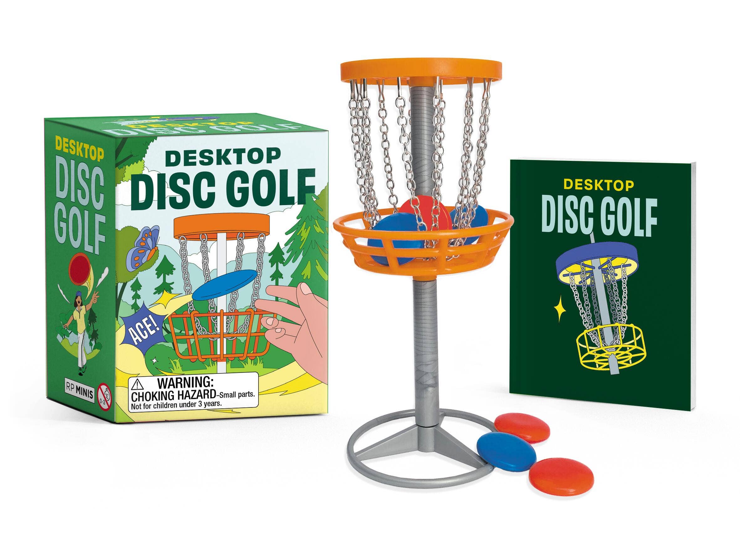 mini desktop disc golf set with basket and colorful discs