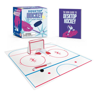 mini desktop hockey game with rink mat stick puck goal and mini book