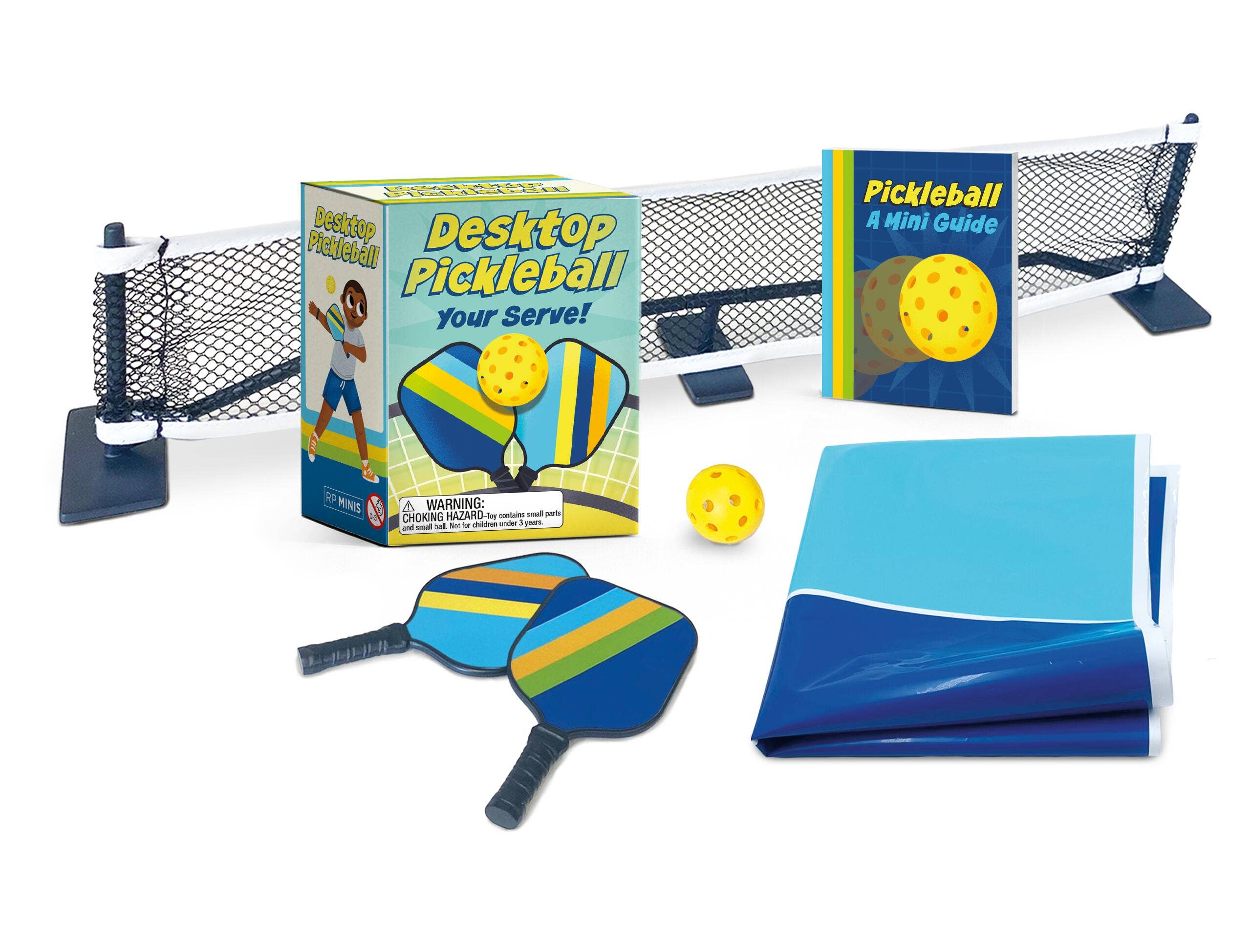 mini desktop pickleball game with paddles net ball and court mat