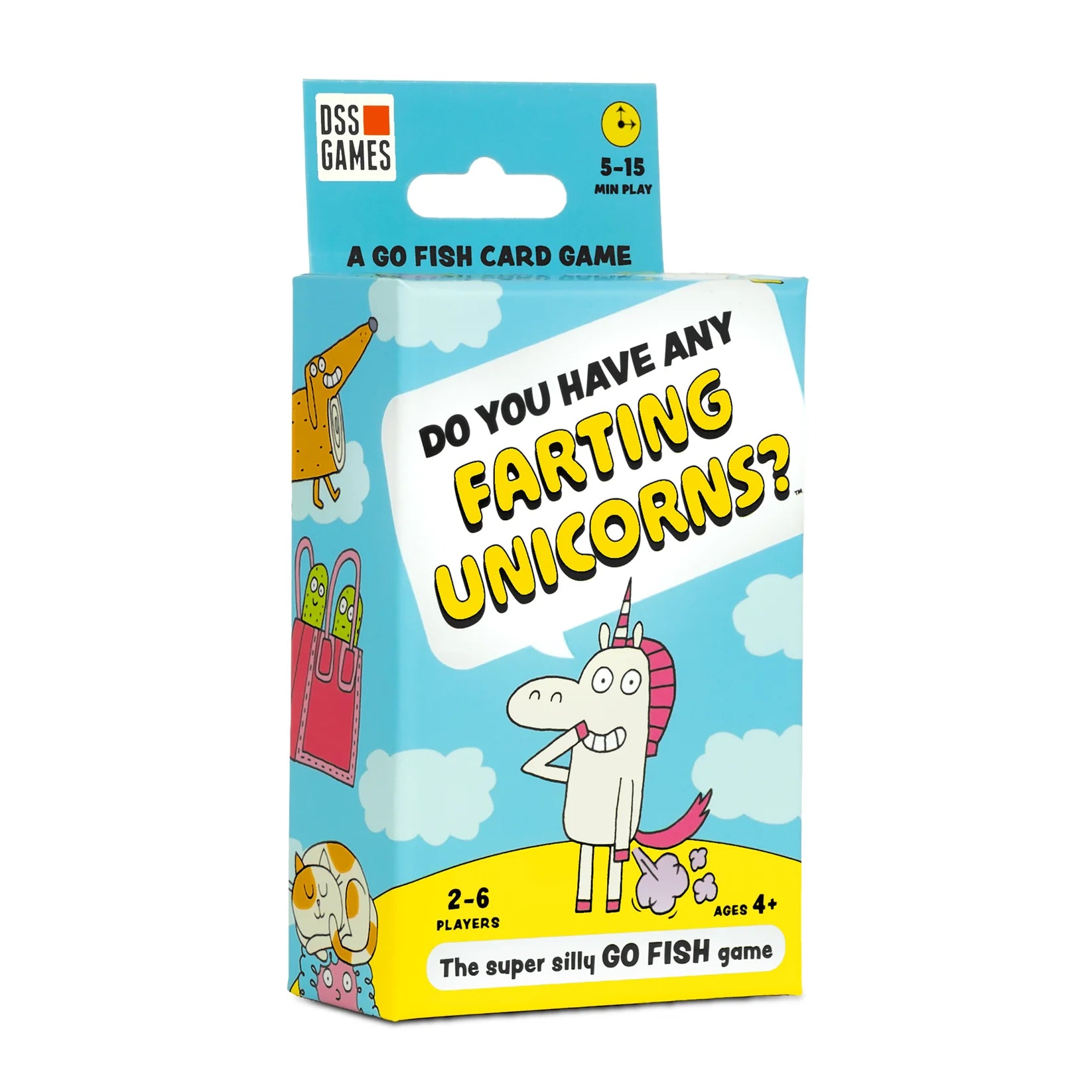Do You Have Any Farting Unicorns? funny Go Fish card game by DSS Games for ages 4+, featuring colorful illustrations and family-friendly gameplay.