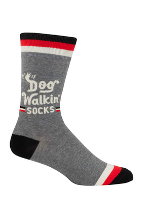 Gray men's crew socks with red, white, and black stripes featuring the phrase "Dog Walkin' Socks" for dog lovers.