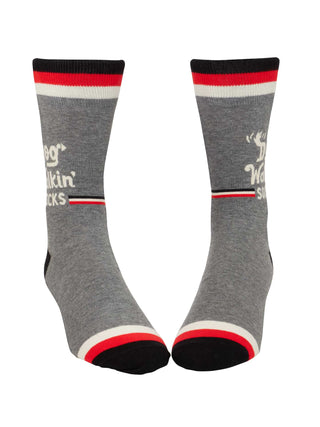 Gray men's crew socks with red, white, and black stripes featuring the phrase "Dog Walkin' Socks" for dog lovers.