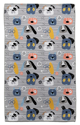 Dog-themed eco-friendly waffle weave kitchen towel with colorful illustrated puppy faces by CJ Bella