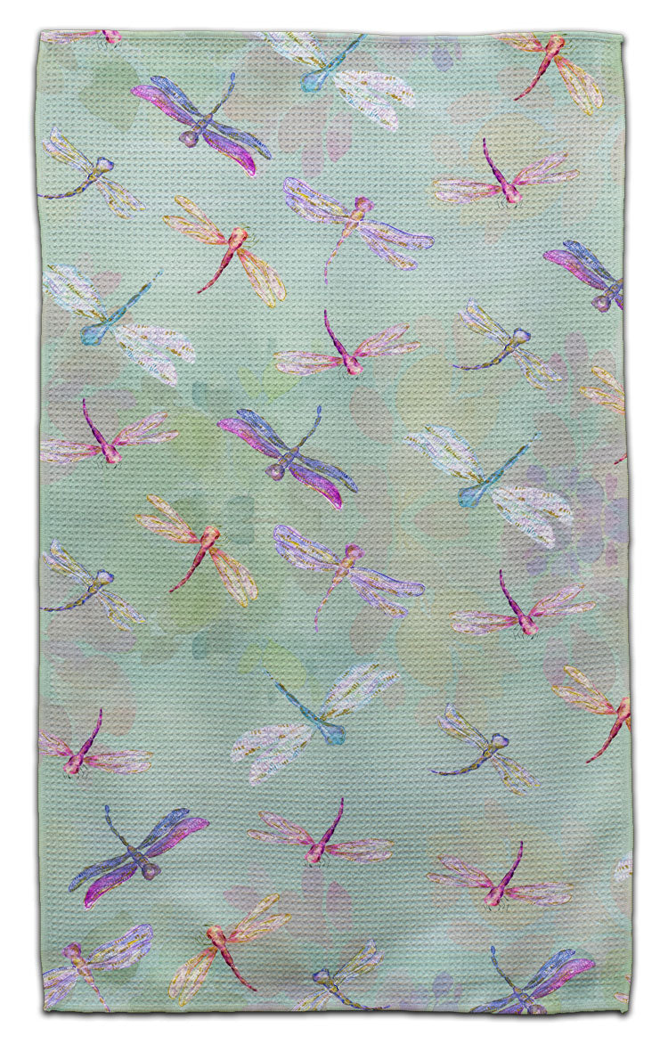 Dragonfly eco-friendly waffle weave kitchen towel with colorful watercolor dragonfly pattern by CJ Bella
