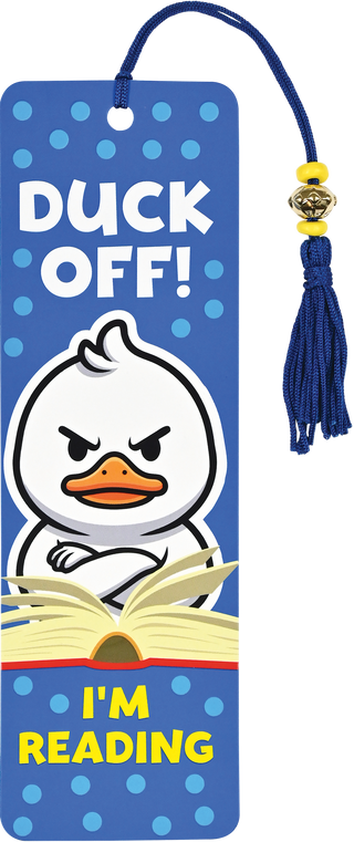 Duck Off I'm Reading beaded bookmark with indignant duck illustration, tassel, and accent beads by Peter Pauper Press — a funny gift for book lovers
