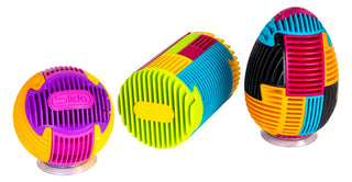 Colorful Duncan SLIDA interactive brain puzzle toy available in sphere, cylinder, and egg shapes