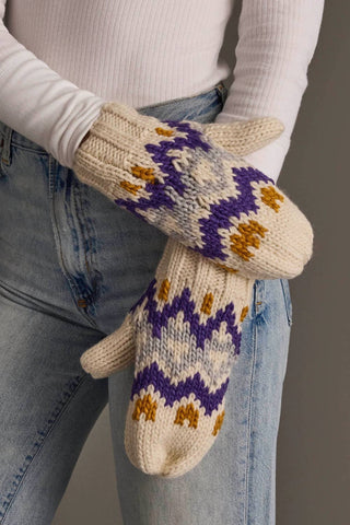 Cream, Gold, Purple & Gray Patterned Mittens