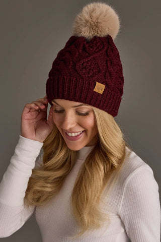 Burgundy Cable Knit Hat with Light Tan Pom