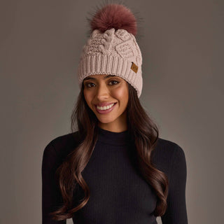 Light Pink Cable Knit Hat with Dark Pink Pom